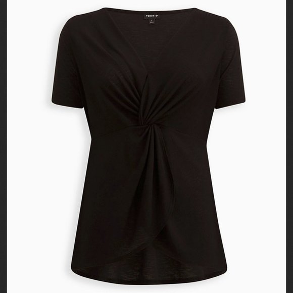 Torrid size Large(12) black textured crepe v-neck twist front short sleeve top - Picture 2 of 4
